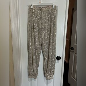 She + Sky Sparkling Sequin Joggers in Beige/Gold Medium